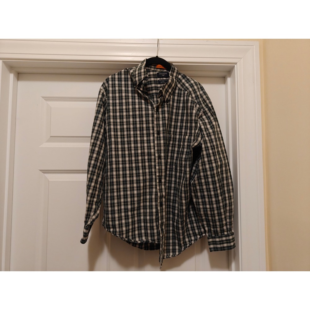 Dockers Mens M Stain Defender Plaid Button Down Shirt Long Sleeve Black Tan